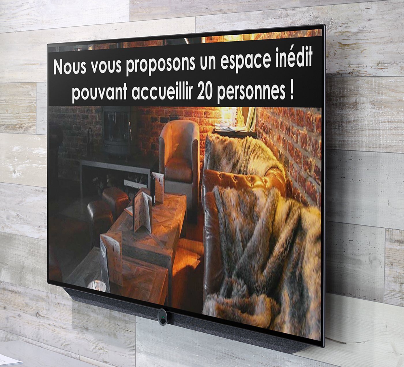 Écran mural annonçant un espace inédit pour vingt personnes