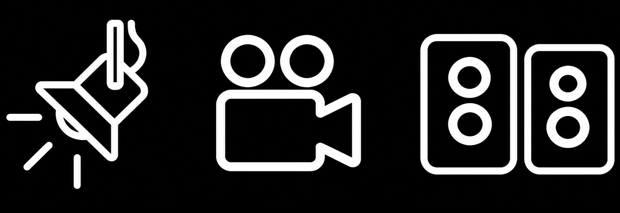 Trois icônes blanches : projecteur, caméra et enceintes