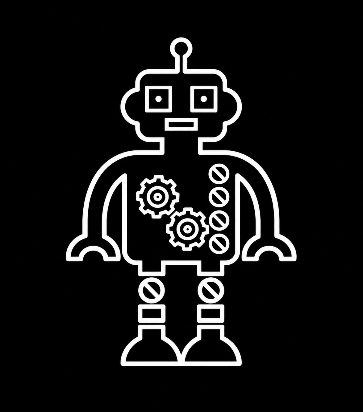 Illustration au trait blanc d'un robot avec engrenages sur fond noir