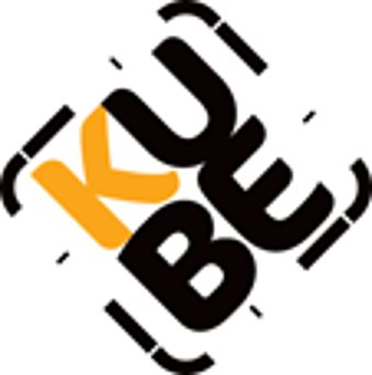 Logo KUBE avec lettres orange et noires dans un cadre carré