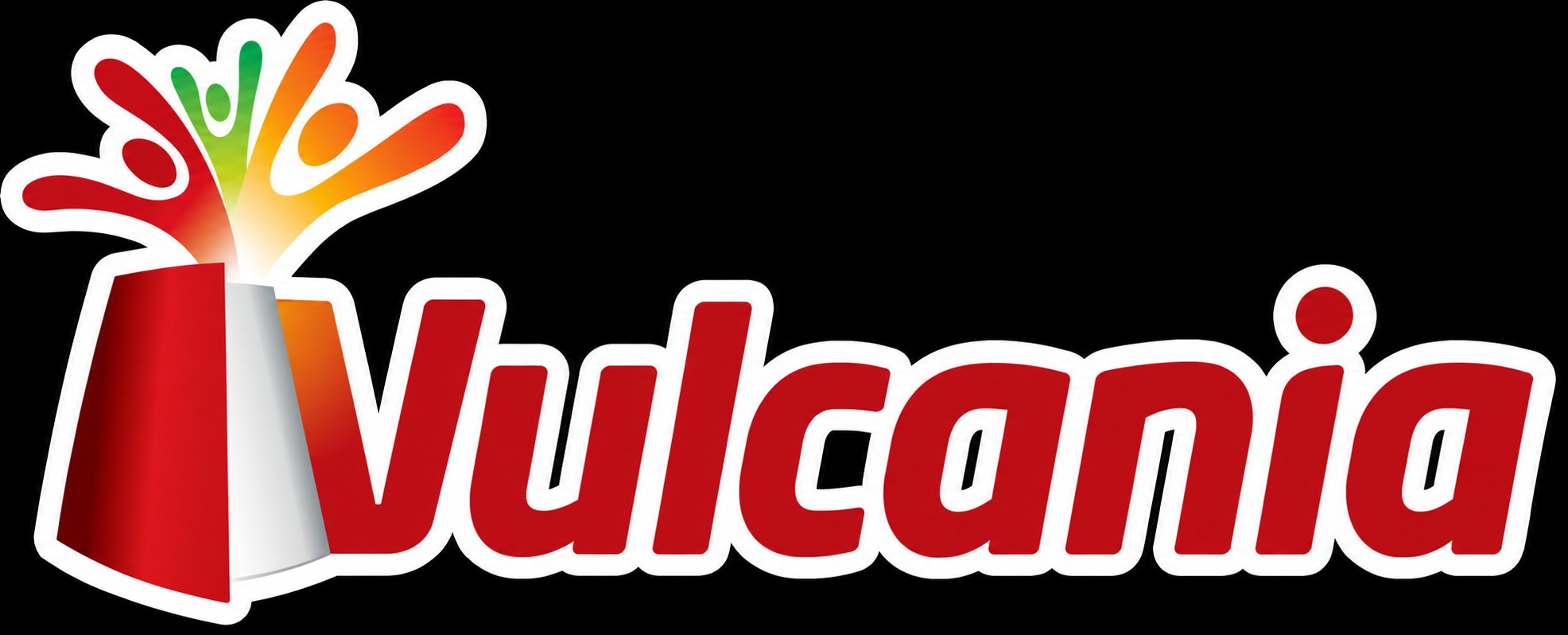 Logo rouge et blanc Vulcania avec volcan stylisé en éruption colorée