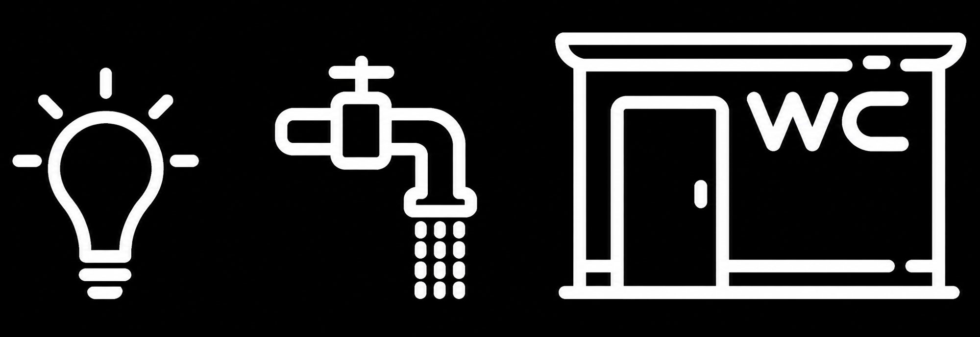 Trois pictogrammes blancs : ampoule, robinet d’eau et local WC